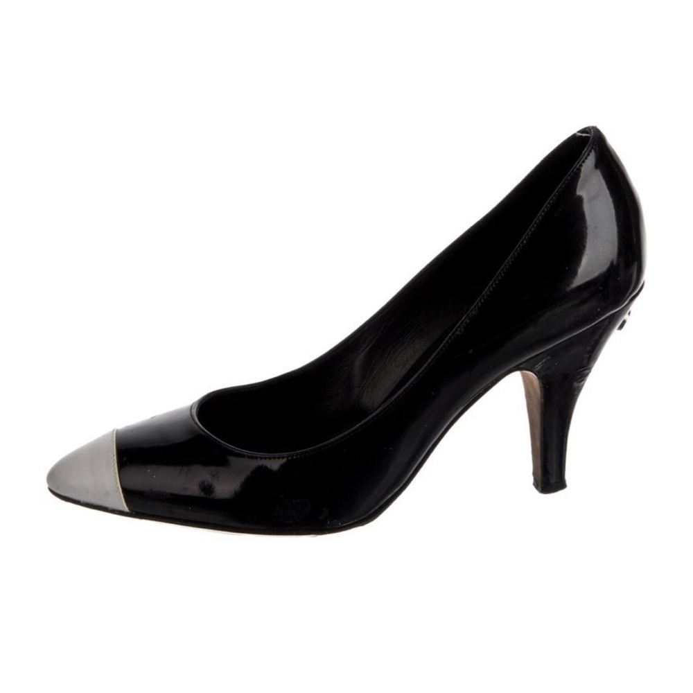 CHANEL Black and Gray Patent Leather Heels